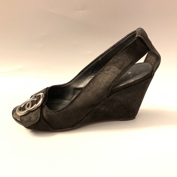 Chanel Black Suede Peep-Toe Wedge Heels - Picture 6 of 13
